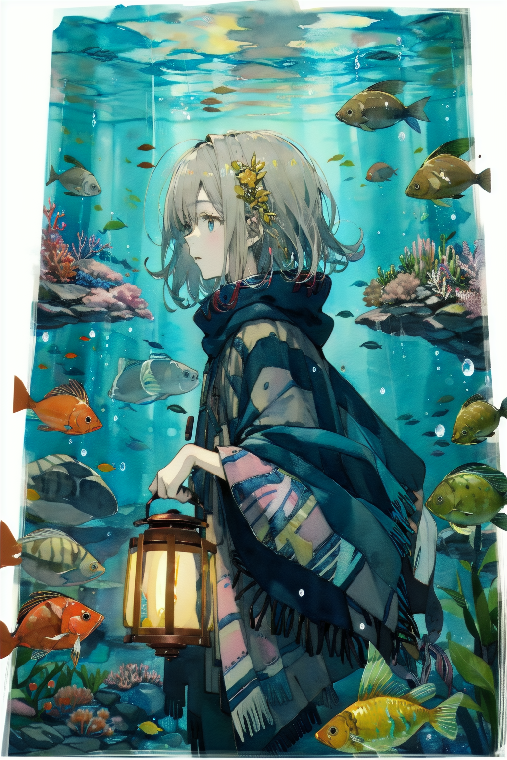 00016-423238618-1girl, transparent,blue theme, watercolor, impasto, 1girl, solo, poncho, underwater, from side, short hair,holding lantern, tree.png